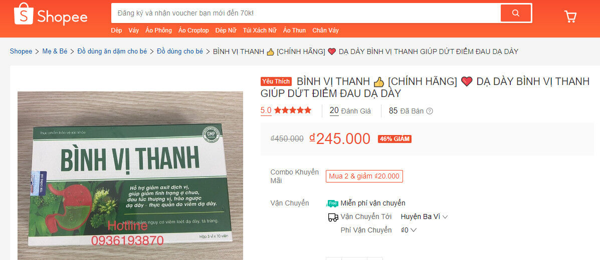 Dạ dày Bình Vị Thanh tự ý quảng cáo sai công dụng?