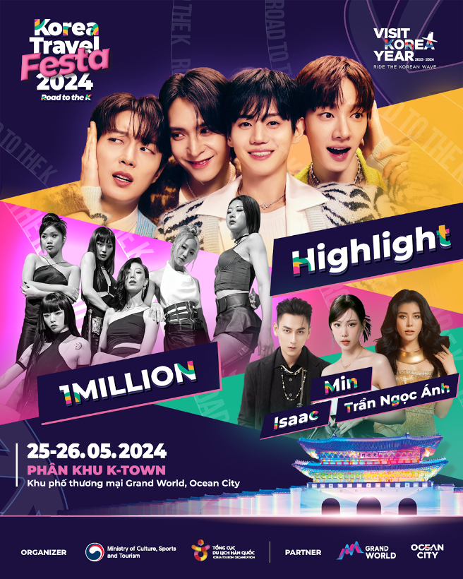 Lễ hội Du lịch Hàn Quốc - Korea Travel Festa 2024” diễn ra trong 2 ngày 25 - 26/5 tại Phân khu K-Town, Khu phố thương mại Grand World, Ocean City