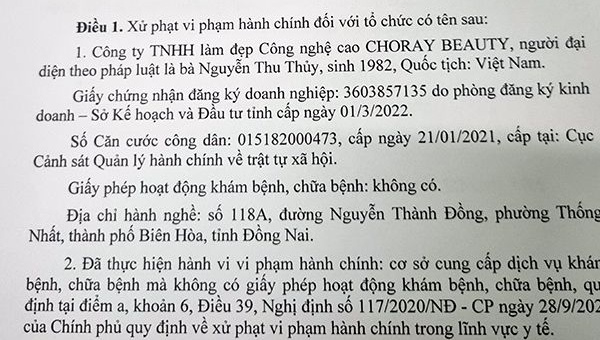 Đồng Nai: Choray Beauty bị xử phạt 90 triệu đồng