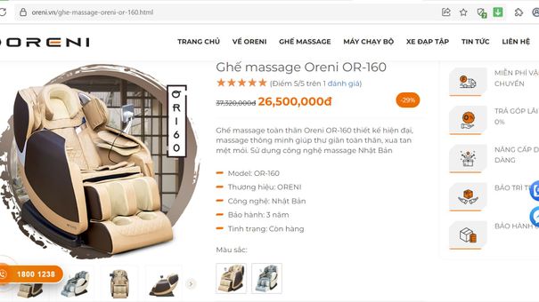 Mập mờ nguồn gốc, xuất xứ sản phẩm ghế massage Oreni