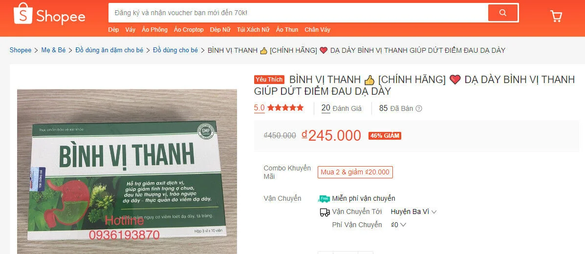 Dạ dày Bình Vị Thanh tự ý quảng cáo sai công dụng?